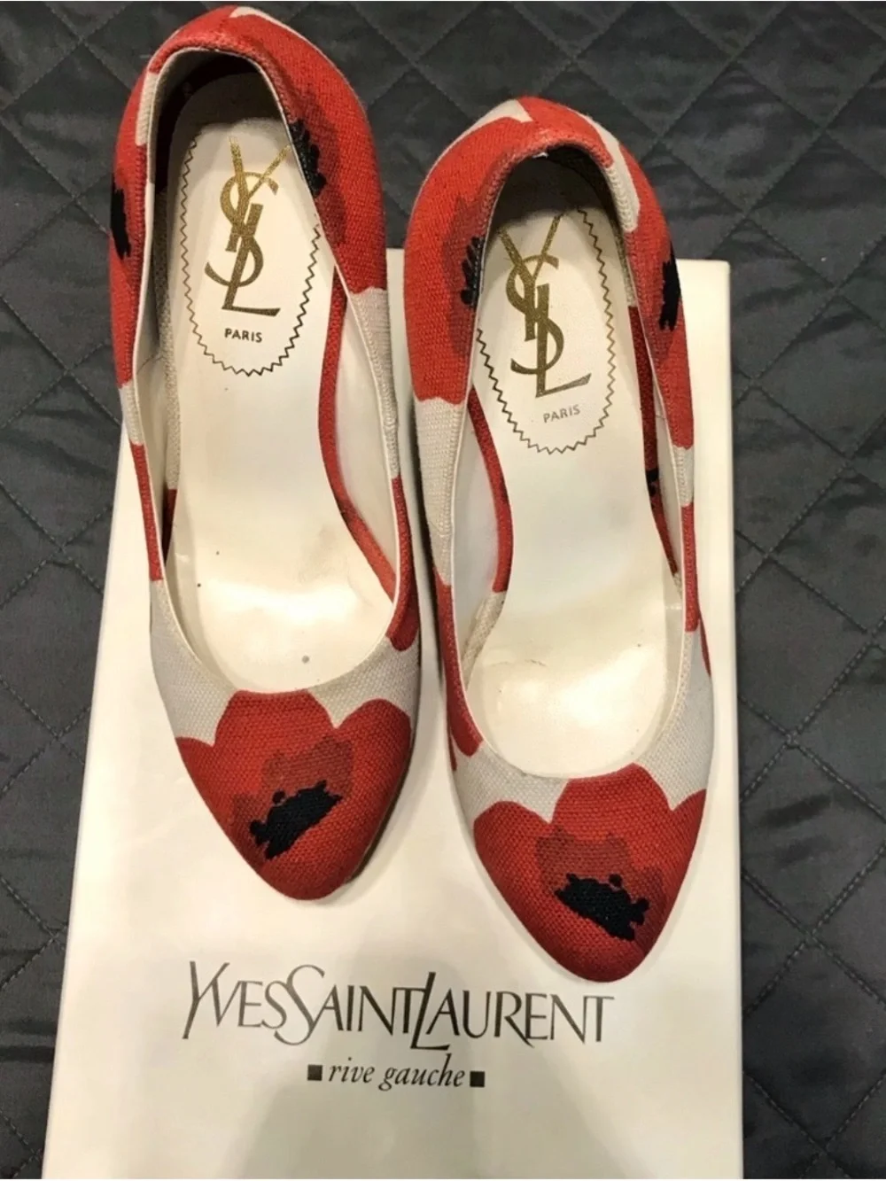 Yves Saint Laurent Red White and Black Floral Canvas Wedge Pumps
